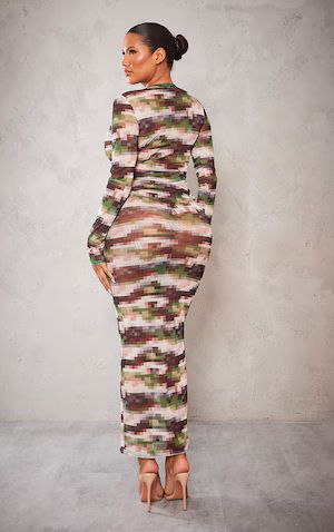 Shape Green Pixel Camo Print Long Sleeve Maxi Dress | PrettyLittleThing US