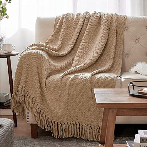 Bedsure Throw Blankets for Couch - Textured Chunky Knit Woven Chenille Blanket - Super Soft, Warm Decorative Boho Throw with Tassels for Bed, Sofa and Living Room Decor, Khaki, 50x60 Inches | Amazon (US)