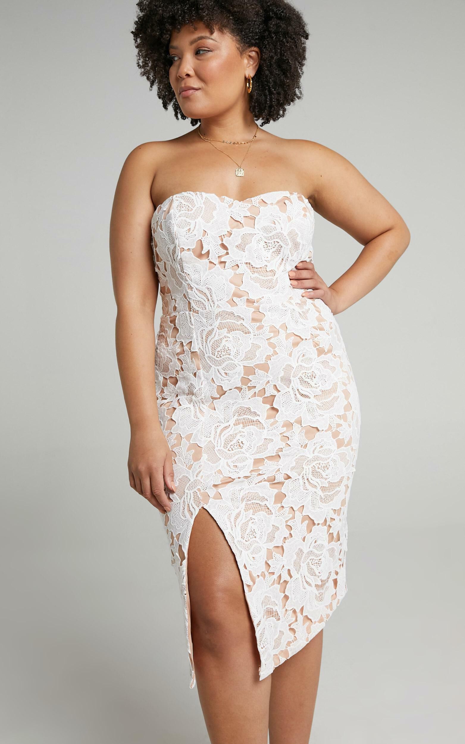 Lace To Lace Midi Dress - Strapless Bodycon Dress in White Lace | Showpo (US, UK & Europe)
