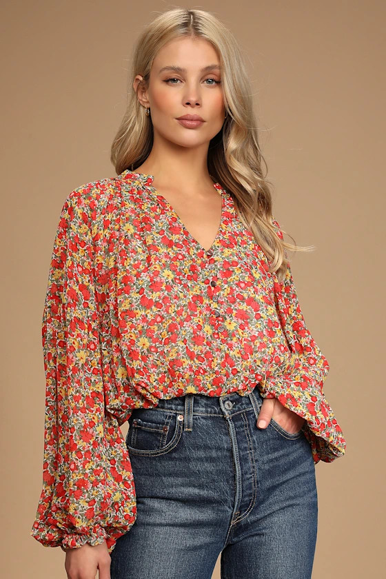 Season of Blooms Red Multi Floral Print Balloon Sleeve Top | Lulus (US)