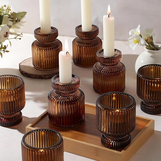 12 Pcs Glass Candlestick Holders- Amber Taper Candlestick Holders Tealight Votive Candle Holders ... | Amazon (US)