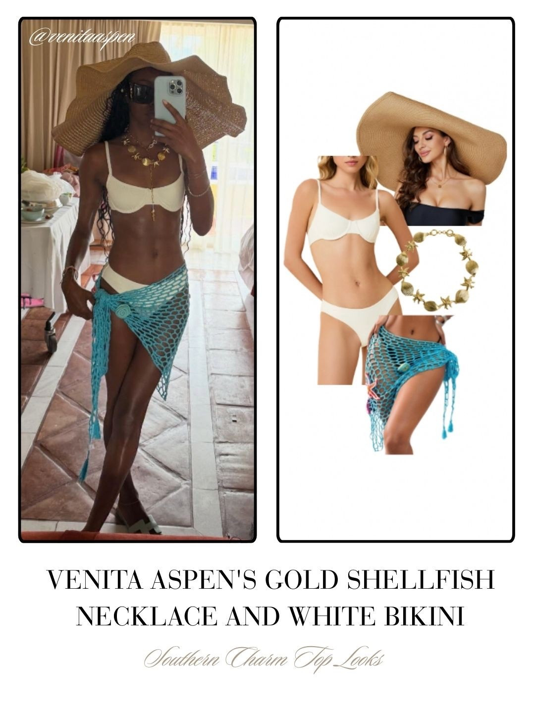 Venita Aspen’s Gold Shellfish Necklace and White Bikini