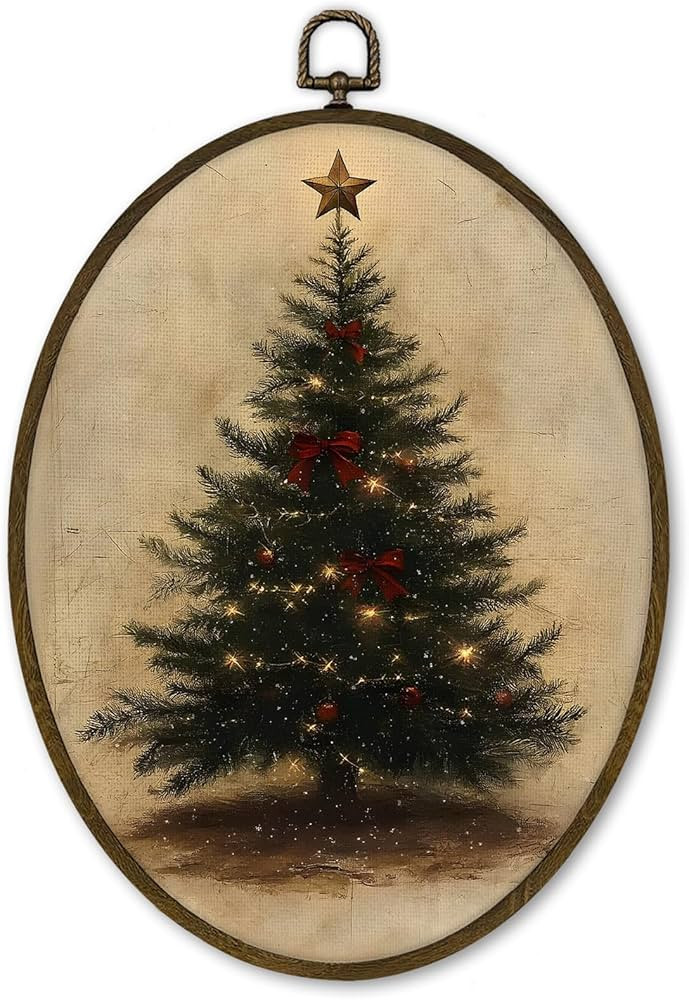 cvjutf Vintage Christmas Tree Star Wall Art Decor Framed, Rustic Moody Red Ribbon Bow Oval Wall D... | Amazon (US)