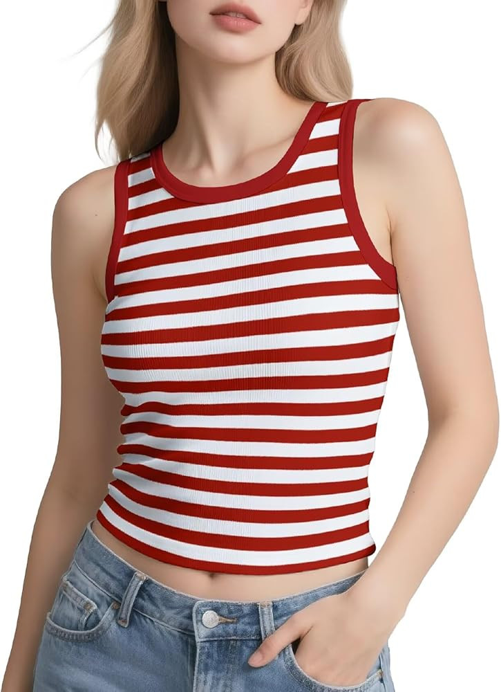 Womens Tank Top Striped Sleeveless Cami Tops - Ribbed Knit Slim Fit Summer Casual Shirts Crew Nec... | Amazon (US)