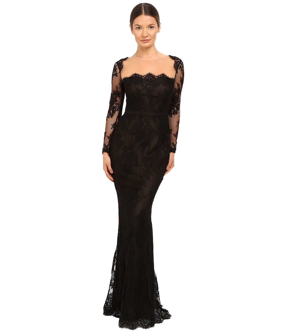 Marchesa Notte - Long Sleeve Lace Gown with Illusion Neckline (Black) Women's Dress | Zappos