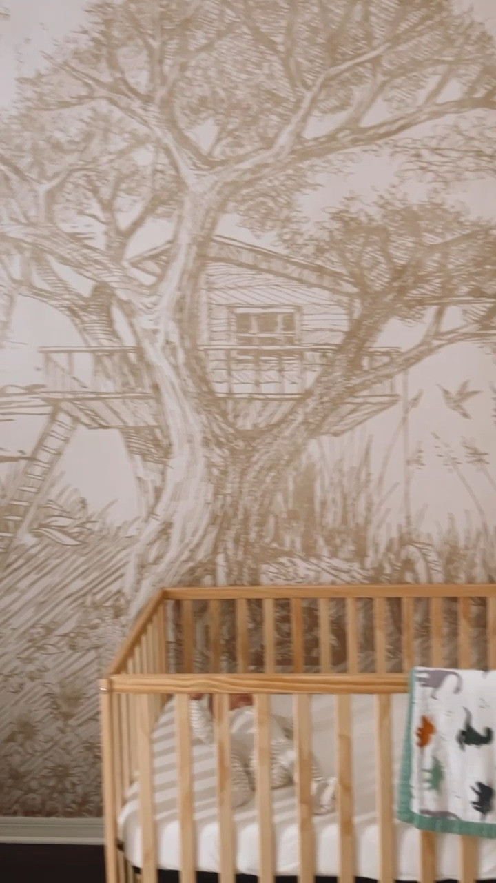 Nursery reveal🤎 I did a whimsical woodland theme and added wallpaper from Wall Blush. They aren’t on LTK, but I linked similar ones below:)

Wooden crib, baby muslin blanket, floating shelves, velvet curtains, sage green, glider chair

#LTKsalealert #LTKCyberWeek #LTKbaby