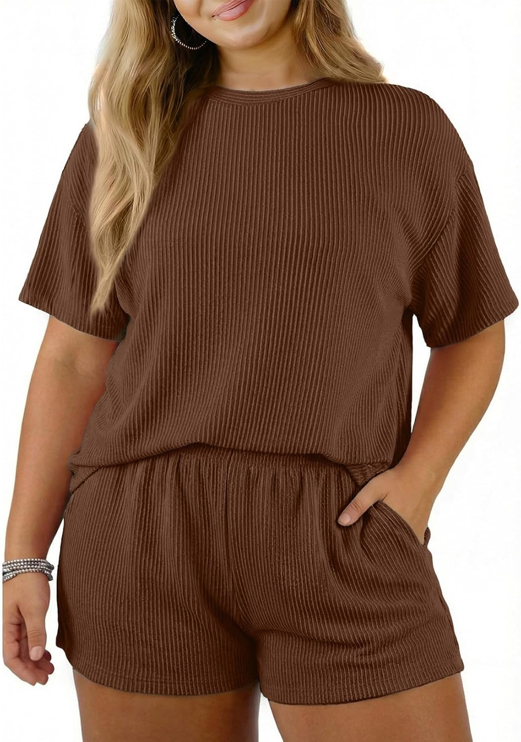 Eytino Plus Size Two Piece Sets for Women Short Sleeve Shirts High Waisted Shorts Pajamas Lounge Matching Set(1X-5X) | Amazon (US)