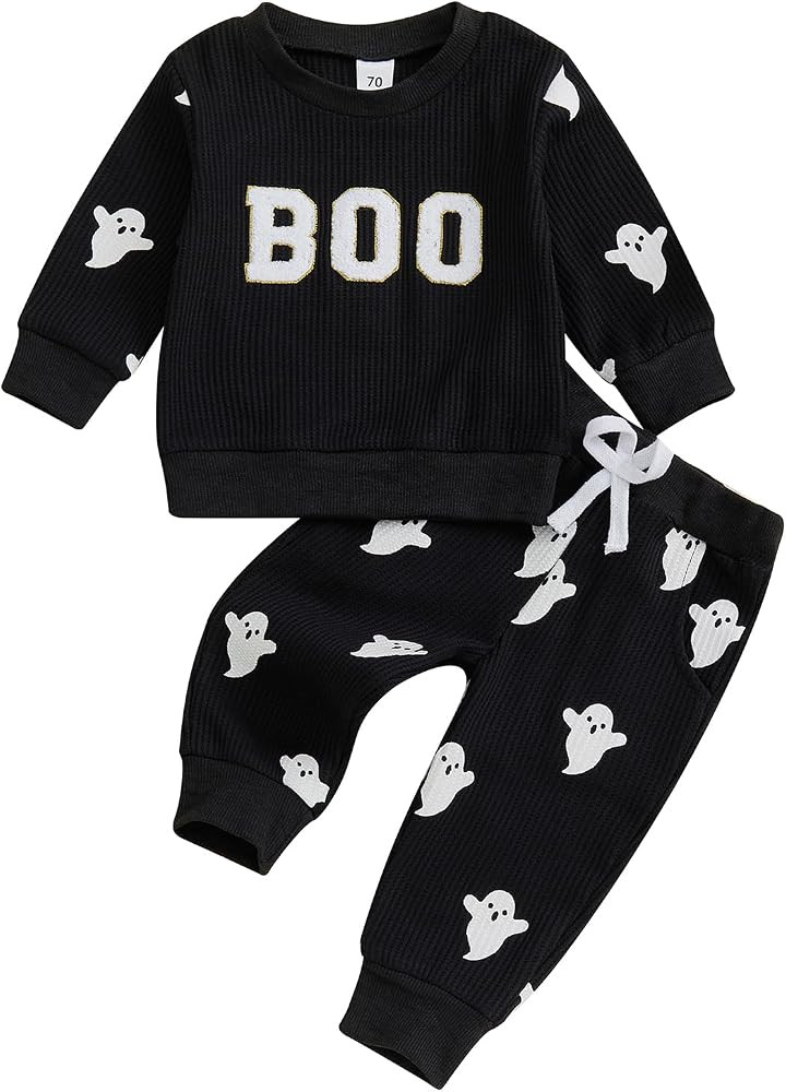 Toddler Boy Girl Halloween Outfit Embroidery Boo Crewneck Sweatshirt Ghost Pants Set Baby Fall Wi... | Amazon (US)