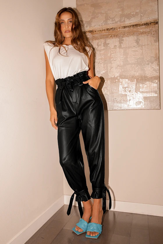 Up to Speed Black Vegan Leather Paperbag Waist Pants | Lulus (US)
