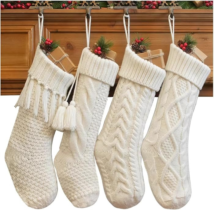 steo spce 4 Pack White Knit Christmas Stockings – Large 18” Rustic Farmhouse Vintage Cable Kn... | Amazon (US)