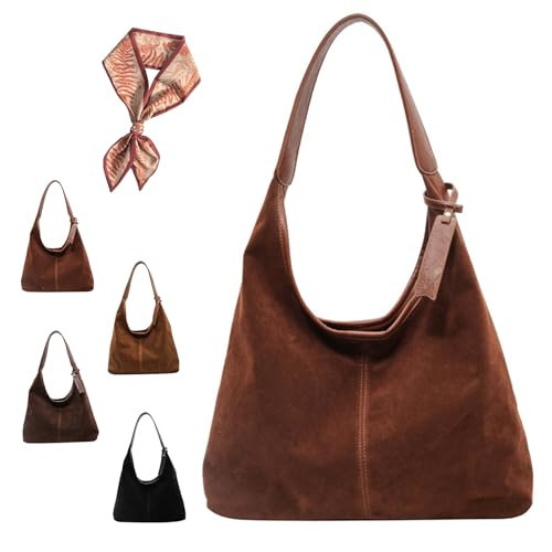 phyope Suede Hobo Bag Brown Suede Handbag for Women Retro Suede Slouchy Bag Hobo Handbag Suede Shoulder Bag (Brown-B) | Amazon (US)