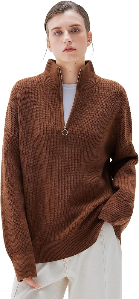 SUUKSESS Women Cashmere Oversized Quarter Zip Pullover Sweater Long Sleeve Collared Ribbed Knit J... | Amazon (US)