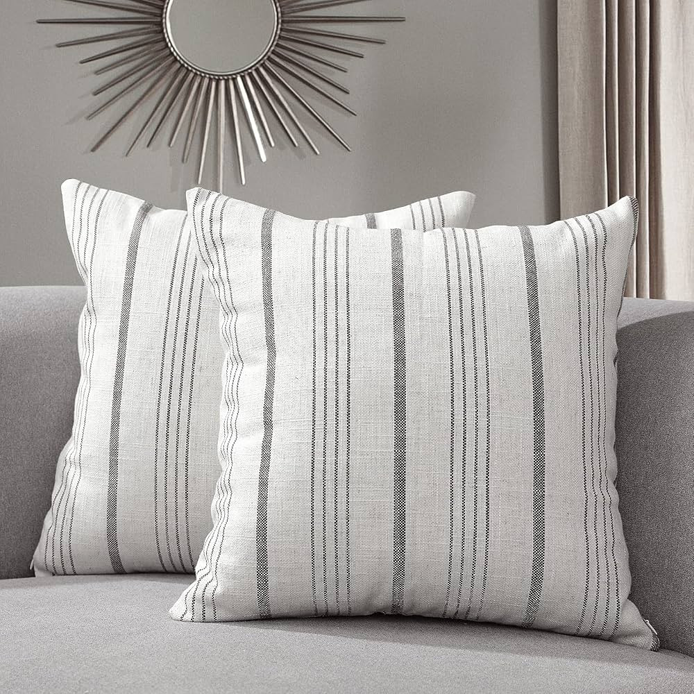 Sunlit Decorative Farmhouse Throw Pillow Case, Cover Only, Set of 2 Cream/Off-White with Charcoal... | Amazon (US)