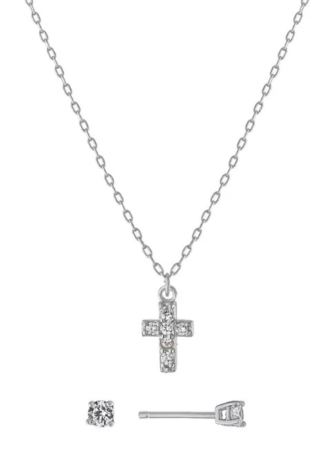 Sterling Silver Cubic Zirconia Cross Necklace and Stud Earring Set | Belk