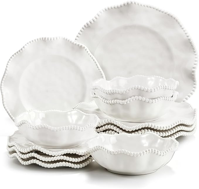 Melamine Dinnerware Sets Service for 4, Cream Plates and Bowls Set with Beaded Edge, BPA Free Dis... | Amazon (US)
