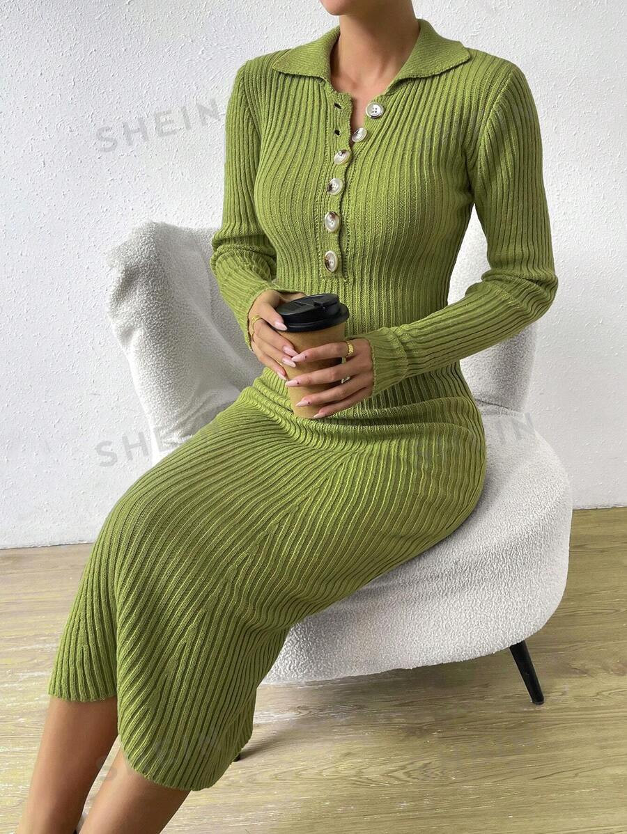 SHEIN Frenchy Half Button Ribbed Knit Sweater Dress | SHEIN