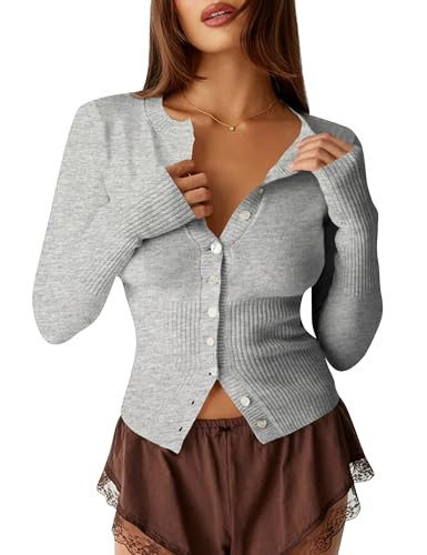 KIGRAD Womens Open Front Button Up Cropped Cardigan Ribbed Knit Long Sleeve Shirt Casual Solid Crop Top Cardigan Sweater | Amazon (US)