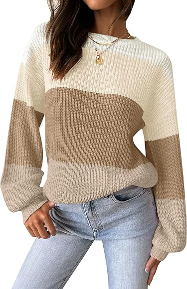 ZESICA Women's Casual Long Sleeve Crew Neck Striped Color Block Oversized Loose Fit Soft Knit Sweate | Amazon (US)