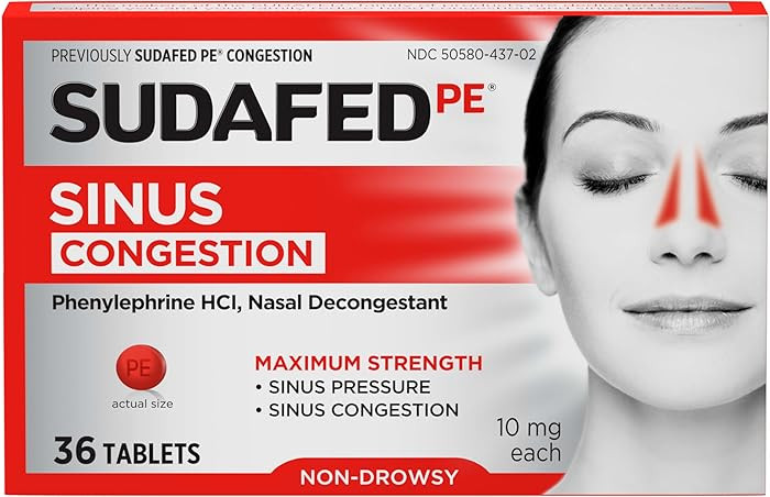 Sudafed PE Sinus Congestion Relief Tablets, Maximum Strength, Non-Drowsy 10 mg Phenylephrine HCI ... | Amazon (US)