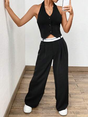 SHEIN EZwear Button Front Halter Top & Wide Leg Pants | SHEIN