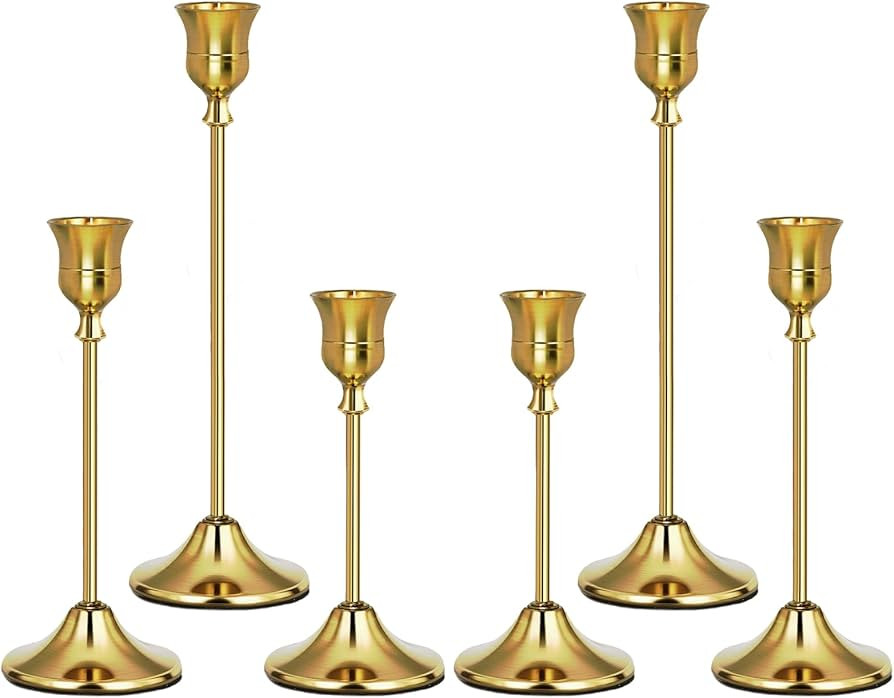 Gold Candlestick Holders Set of 6, Weighted, Metal Taper Candle Stick Holders, Vintage Christmas ... | Amazon (US)