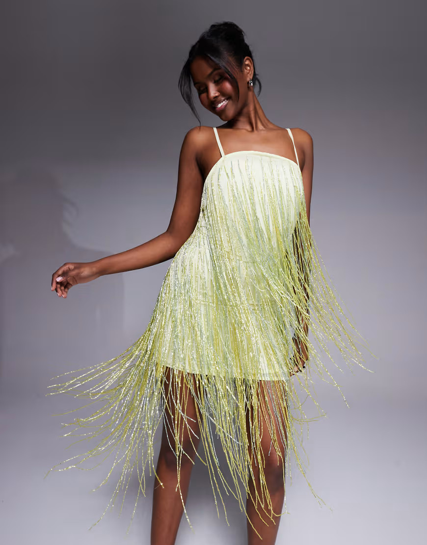 ASOS DESIGN beaded fringe mini cami dress in pale yellow | ASOS (Global)
