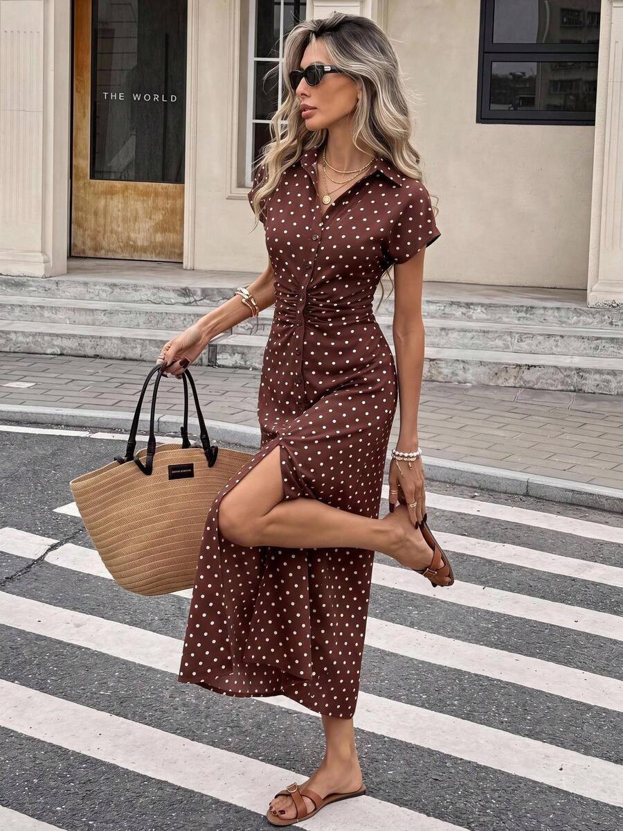 Serisse Women's Brown And White Polka Dot Short Sleeve Pleated Button Front Dress, Summer, Formal French Vintage, Business, Chic, Christmas, New Year | SHEIN