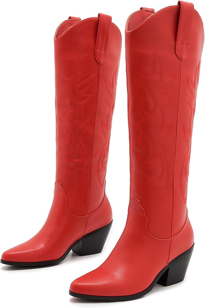 ZXHYZLZ Women's Cowboy Boots Knee High Seam Mid Heel Block Heel Almond Pointed Toe Fashion Classic C | Amazon (US)