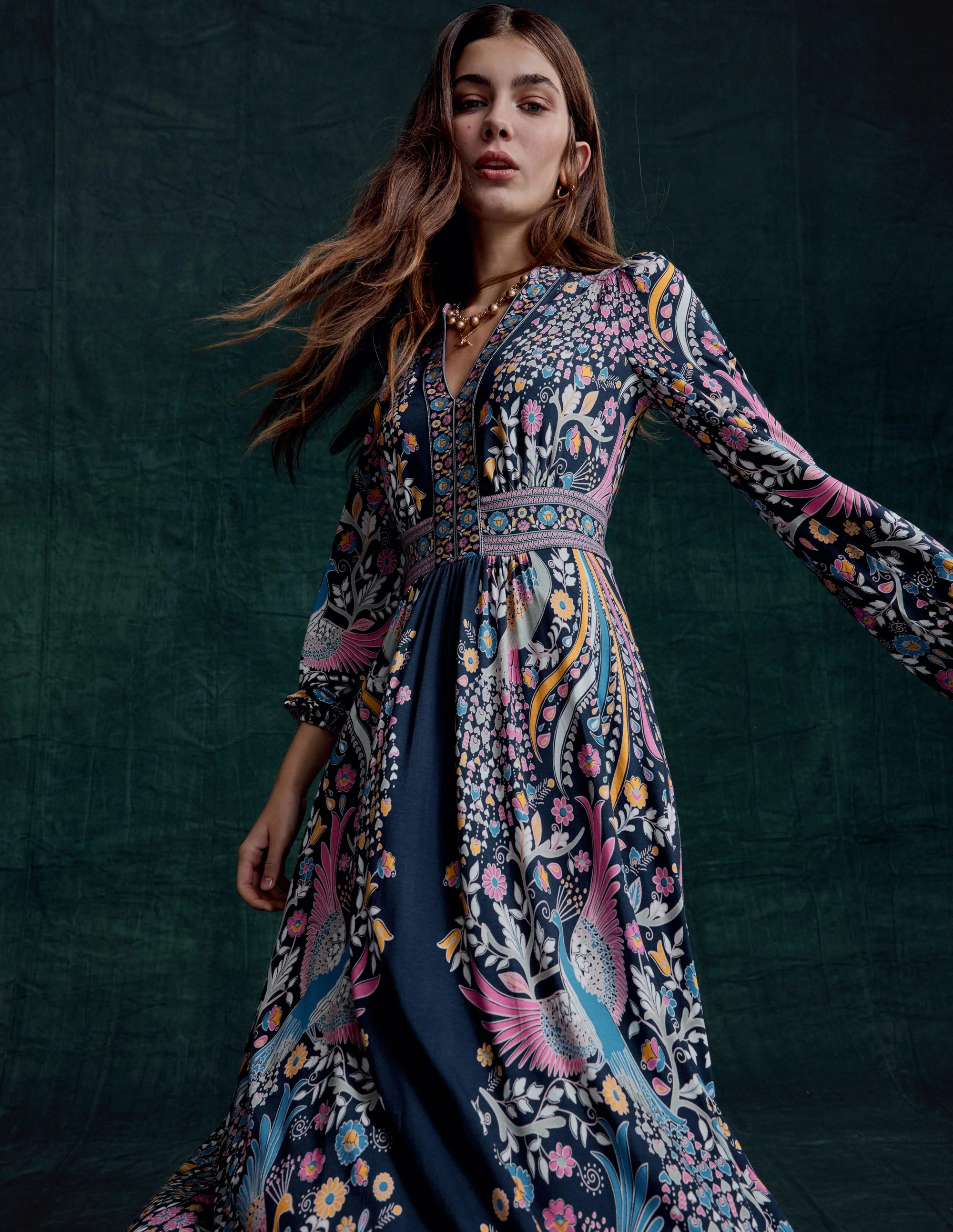 Lily Long Sleeve Midi Dress-French Navy,Enchanting Peacock | Boden (US)