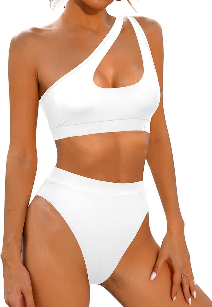 Holipick Women's One Shoulder High Waisted Cheeky Bikini Set Two Piece Swimsuits Cut Out Bathing ... | Amazon (US)