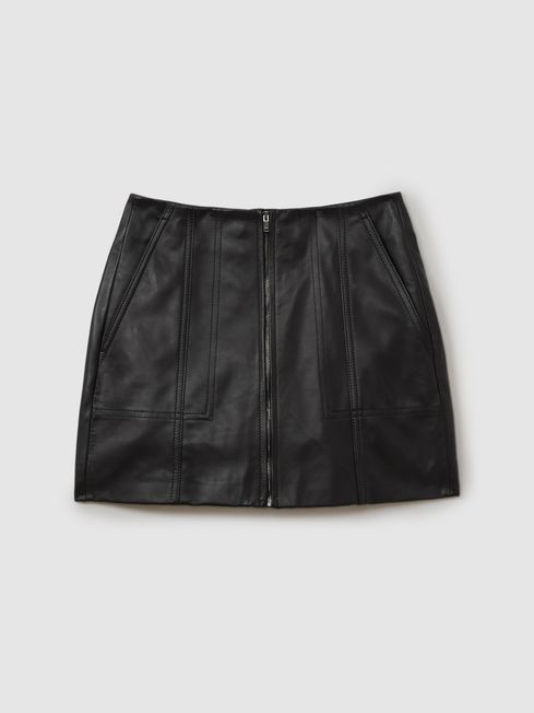 Leather Zip-Front Mini Skirt in Black | Reiss UK