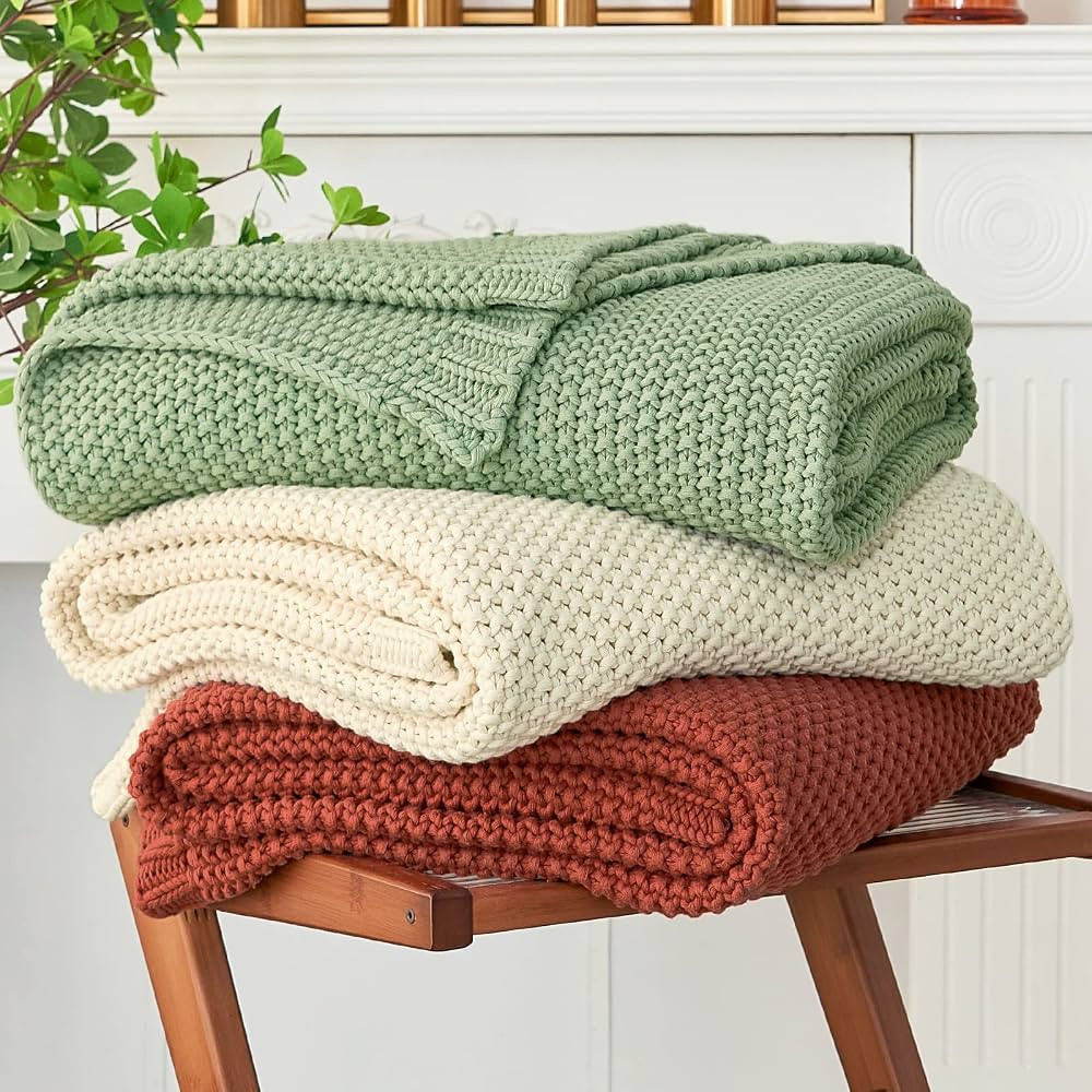 Chunky Cable Knit Throw Blanket Lightweight Light Green 100% Organic Cotton Blanket for Sofa Couc... | Amazon (US)
