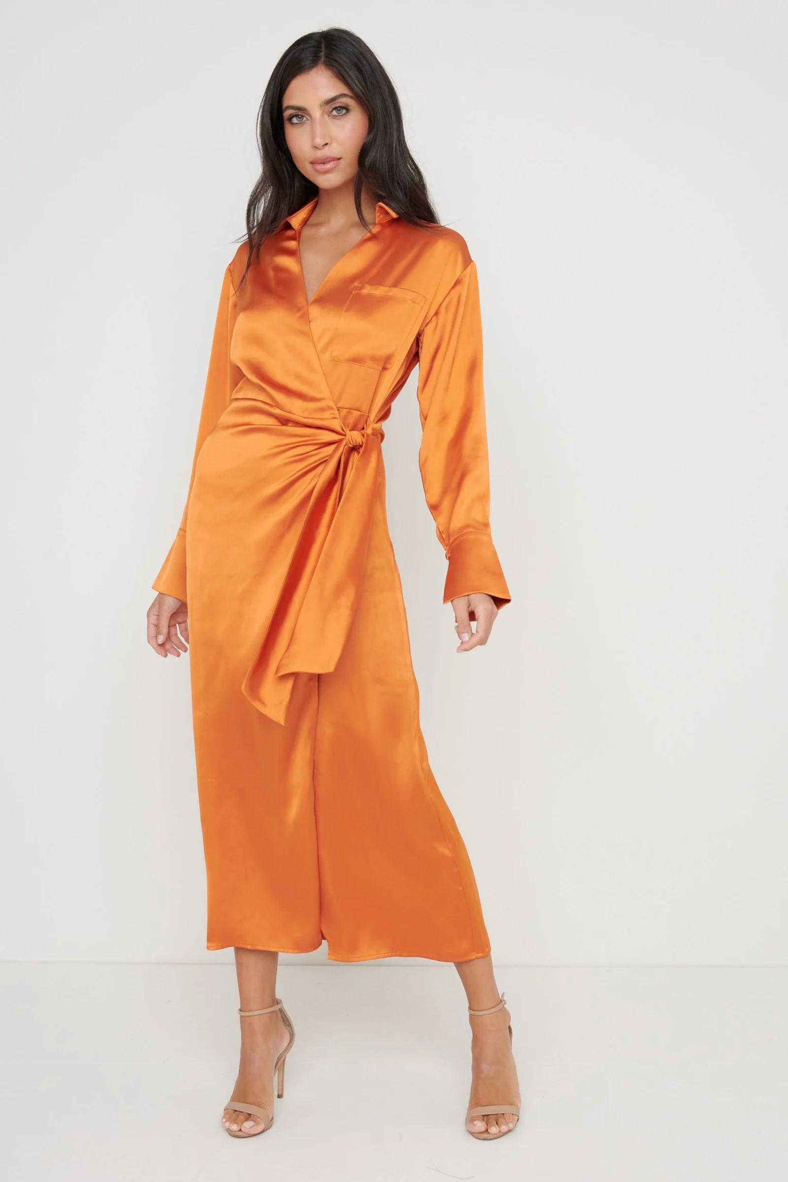 Ronnie Satin Wrap Dress - Orange | Pretty Lavish (UK)