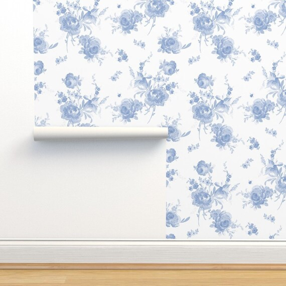 Romantic Floral Wallpaper  Olivia Faded Blueberry by Lilyoake - Etsy | Etsy (US)