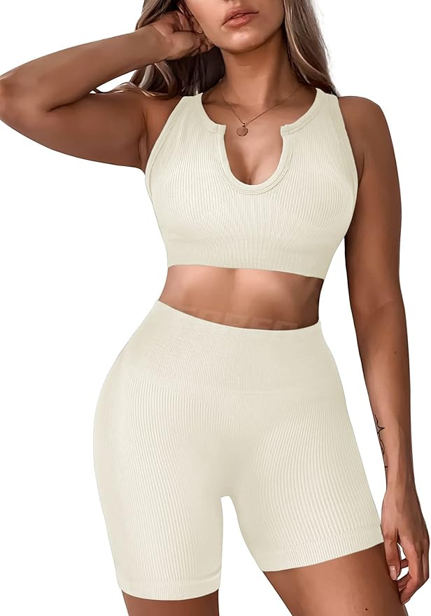 YEOREO Women 2 Pieces Workout Set High Waist Seamless Yoga Outfit Ribbed Sports Bra V Neck Sleeve... | Amazon (US)