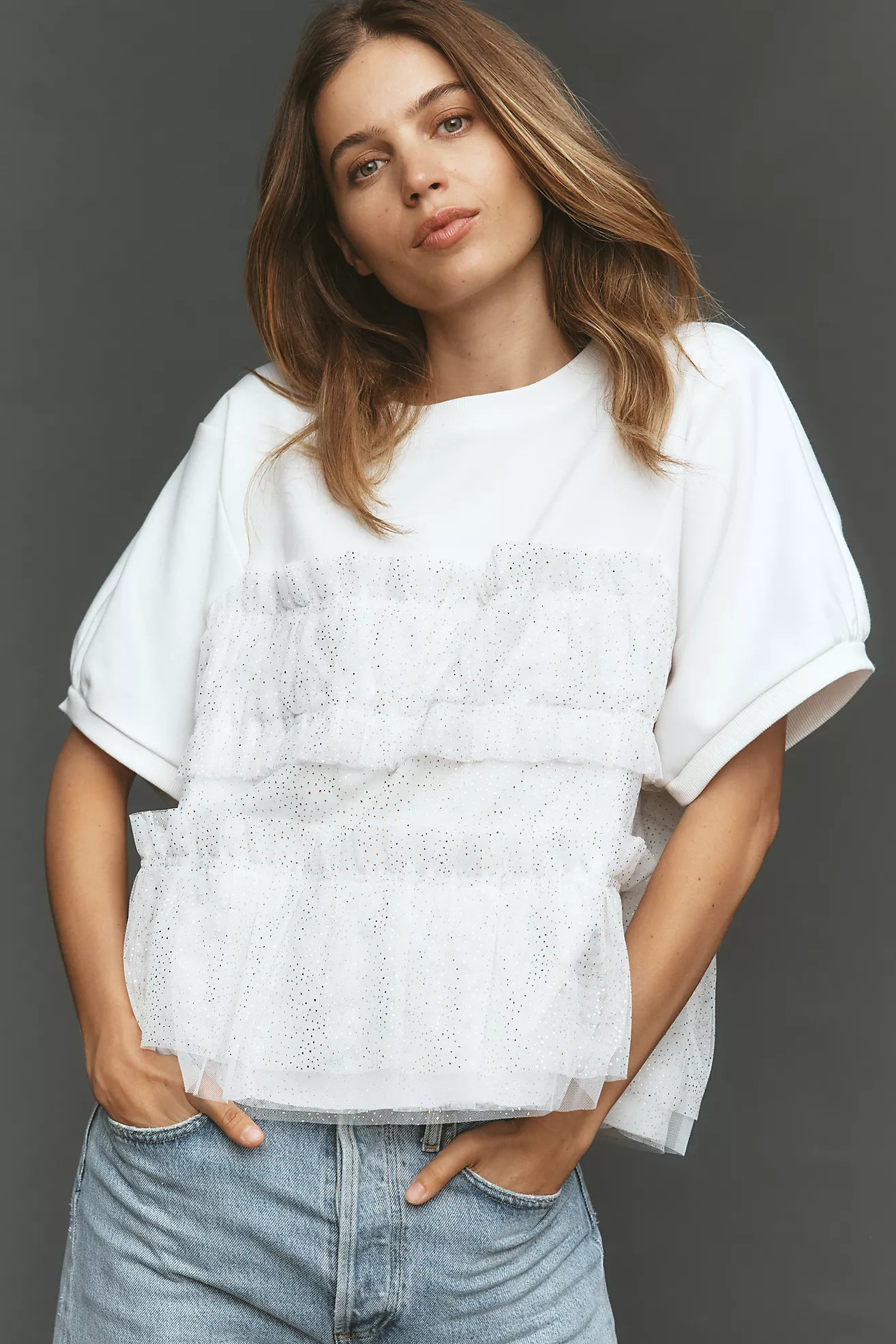 Maeve Short-Sleeve Smocked Ruffled Sweatshirt | Anthropologie (US)
