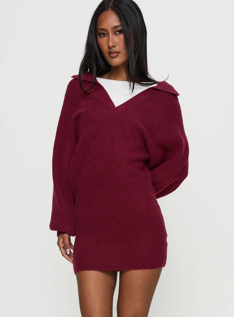 Thorelle Sweater Mini Dress Burgundy | Princess Polly US