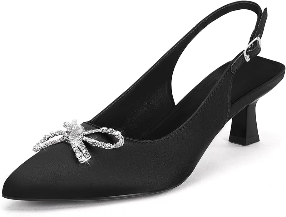 Coutgo Womens Kitten Heels Satin Pumps Slingback Pointed Toe Rhinestone Bow Wedding Dress Shoes | Amazon (US)
