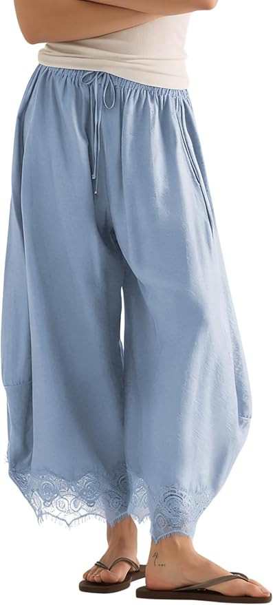 Lviefent Womens Cropped Lace Hem Pants Casual Drawstring Waist Summer Wide Leg Pants Beach Trouse... | Amazon (US)
