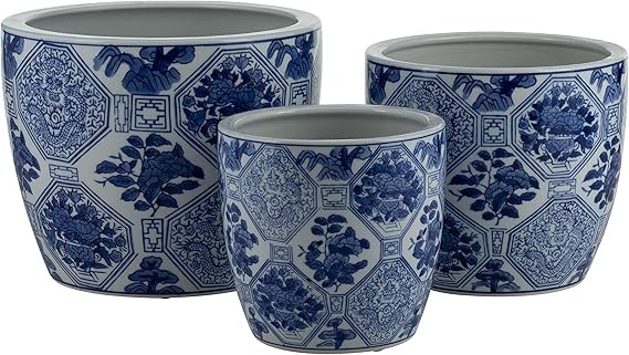 Set of 3 Ceramic Planters - Contemporary Vintage Style Blue and White Planters with Chinoiserie S... | Amazon (US)