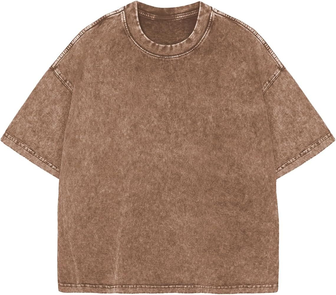 Womens Oversized Boxy T Shirts Casual Cropped Acid Wash Cotton Tees Vintage Tops Short Sleeve Gru... | Amazon (US)