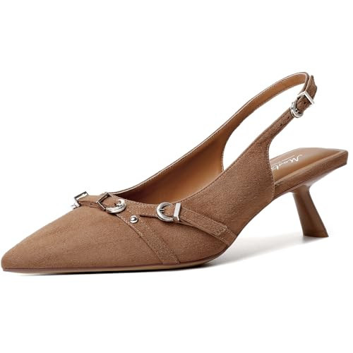 Mostrin Brown Suede Kitten Heels for Women Sexy Pointed Toe Slingback Low Heels Dressy Pumps Shoes with Buckle for Party Size 7 | Amazon (US)