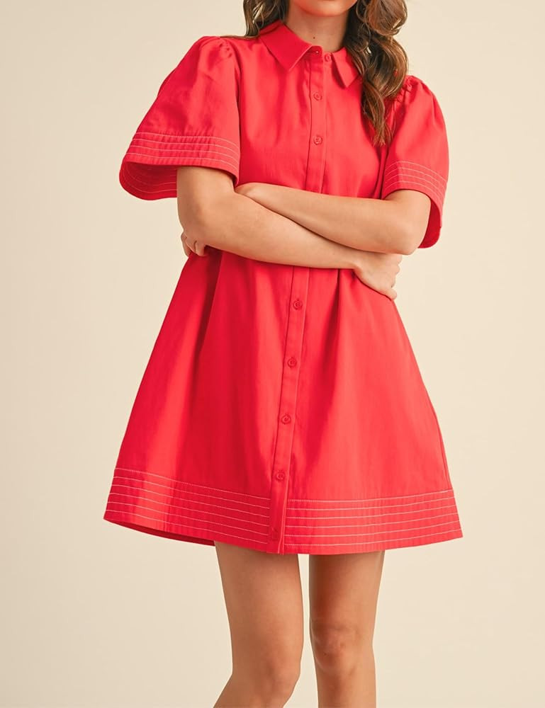 Womens Short Sleeve Button Down Mini Shirt Dress Lapel Collar Short Dresses with Pocket | Amazon (US)