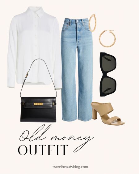 Old money aesthetic outfit - classic levis jeans, silk shirt, classic bag, statement sunglasses, 14k gold earrings and heeled sandals 👡 

#LTKstyletip #LTKitbag #LTKover40