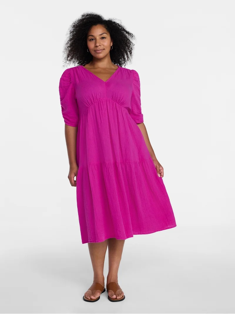 Time and Tru Women's Cotton Tiered Midi Dress with Elbow Length Sleeves, Sizes XS-XXXL | Walmart (US)