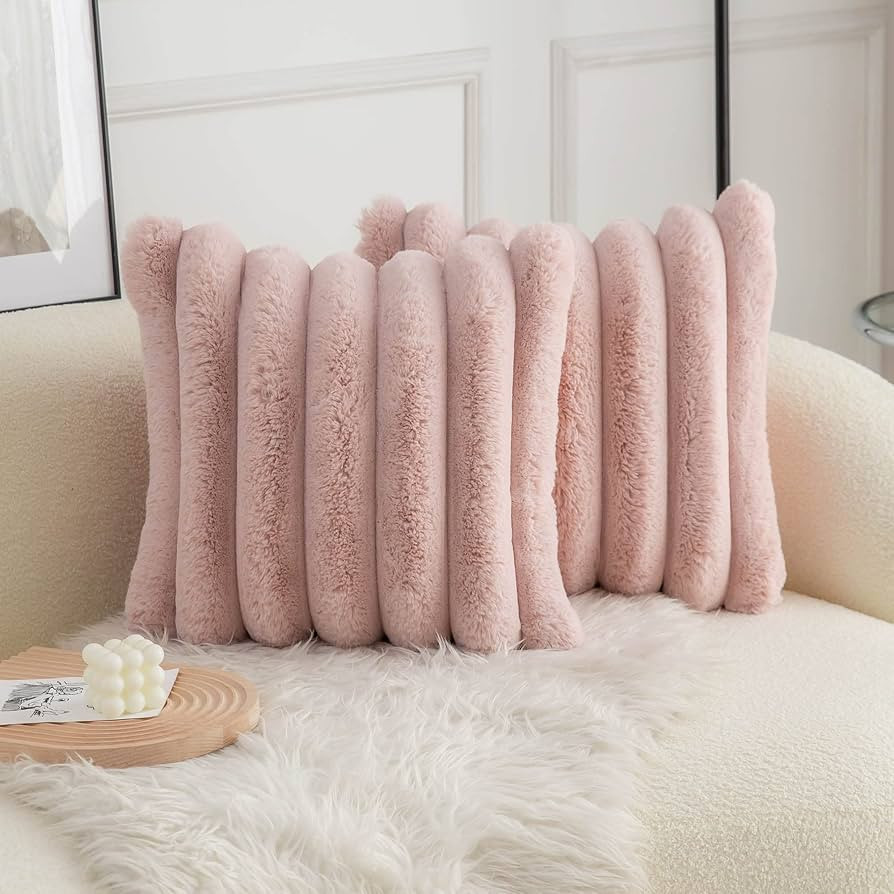 Amazon.com: Neelvin Pink Faux Fur Cozy Soft Striped Decorative Throw Pillow Covers 24x24 inch Set... | Amazon (US)