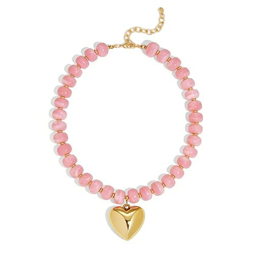 WOWORAMA Pink Chunky Heart Necklace for Women Light Pink Resin Beaded Necklaces with Puffy Heart Pendant Chunky Statement Necklace Handmade Trendy Choker Jewelry | Amazon (US)