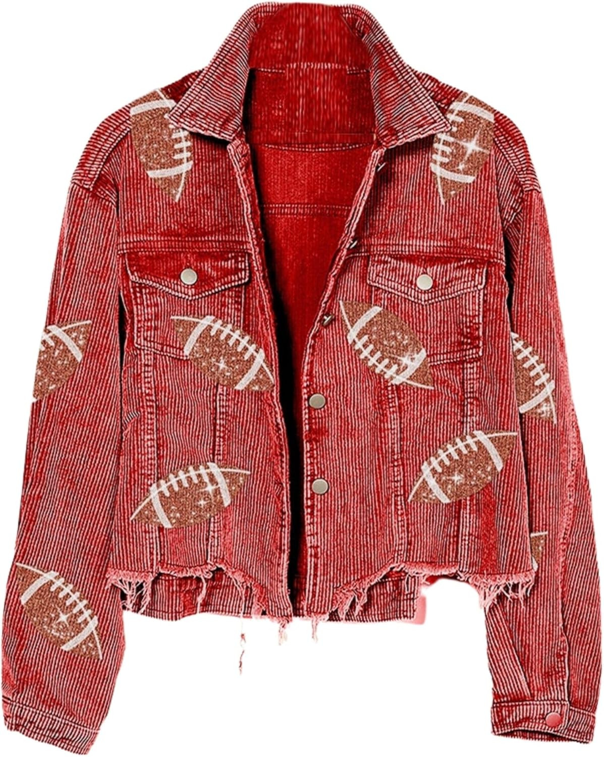 Xunger Women’s Football Corduroy Sequin Jacket Cropped Distresses Rugby Patched Shacket Coat | Amazon (US)