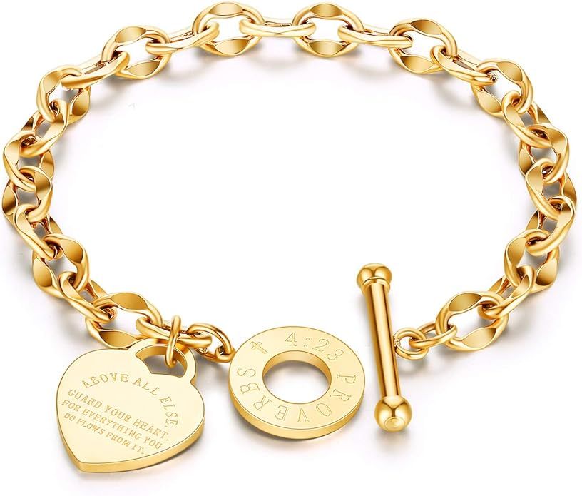 316L Stainless Steel Love Heart Charm Bracelet for Women Teen Girls Romantic Gift Silver/Rose/18k... | Amazon (US)