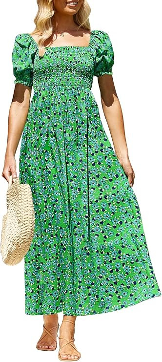 ZESICA Women's 2024 Summer Boho Floral Print Square Neck Ruffle Swing Beach Long Maxi Dress      ... | Amazon (US)